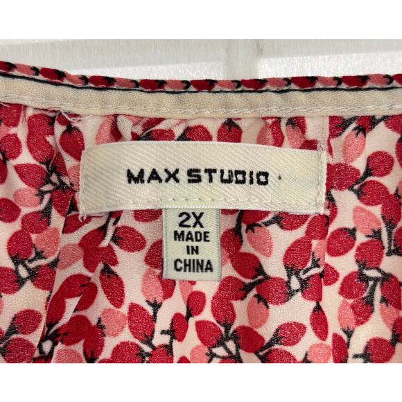 Max Studio Red Floral Peasant Blouse XXL Ruffle Tie Neck Balloon Sleeve Boho Top - Picture 2 of 9